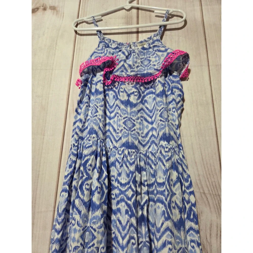 OshKosh B'gosh Girls Blue Ikat High-Low Maxi Dress Pink Trim Size 8‎ Summer
